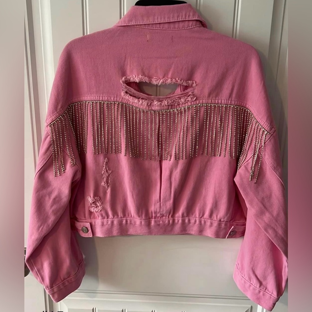 Vervet Bling Fringe Crop Pink Denim Jacket NWT
